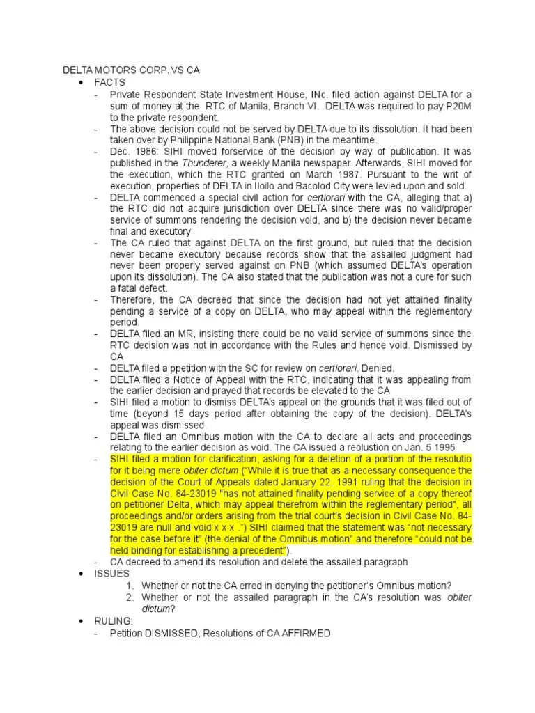 21 Delta Motors Vs CA PDF Obiter Dictum Precedent