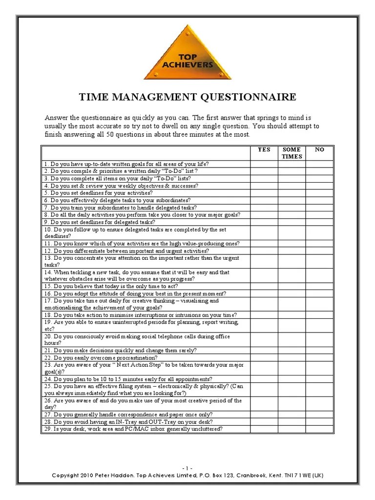 Time Management Questionnaire Time Management Professional Skills