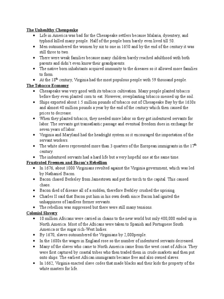 Chapter 4 Apush Notes Slavery Virginia