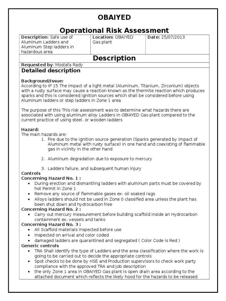 Risk Assessment , Aluminum Ladders and Step Ladders Firefighting