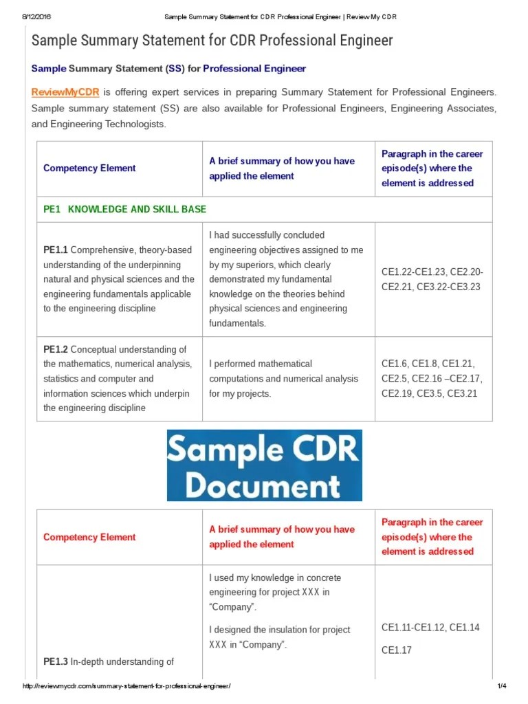 Sample Summary Statement for CDR Professional Engineer _ Review My CDR