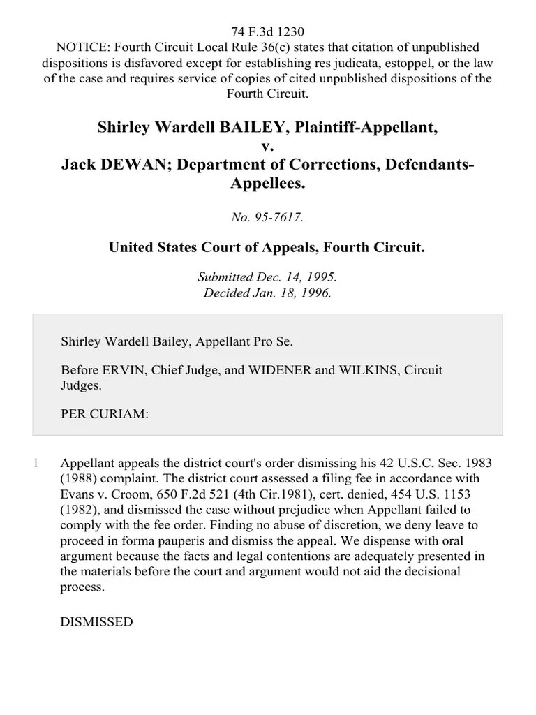 Shirley Wardell Bailey v. Jack Dewan Department of Corrections, 74 F.3d