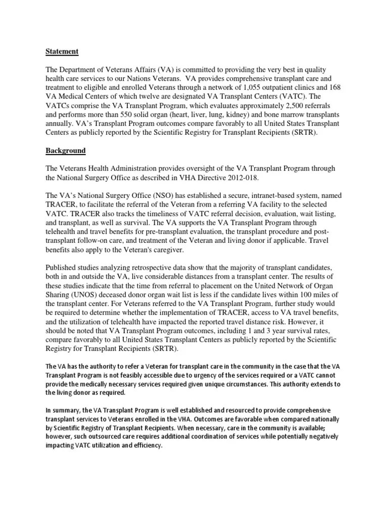 VA Statement PDF Veterans Health Administration Organ Transplantation