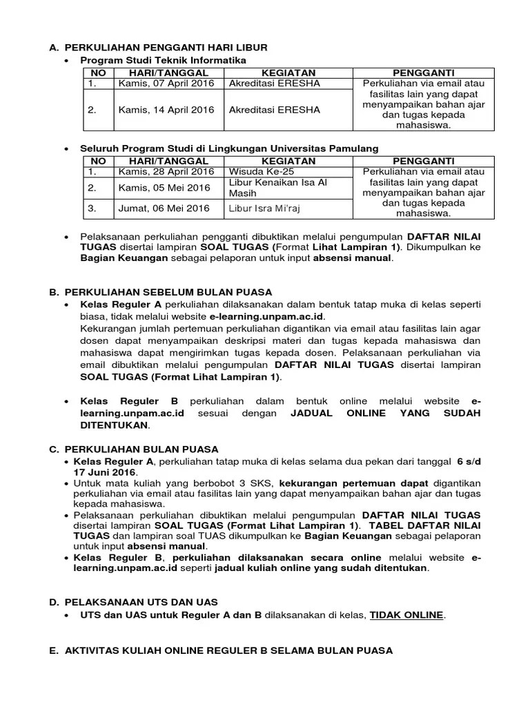 Pengumuman Terkait Perkuliahan Reguler A Dan B | PDF