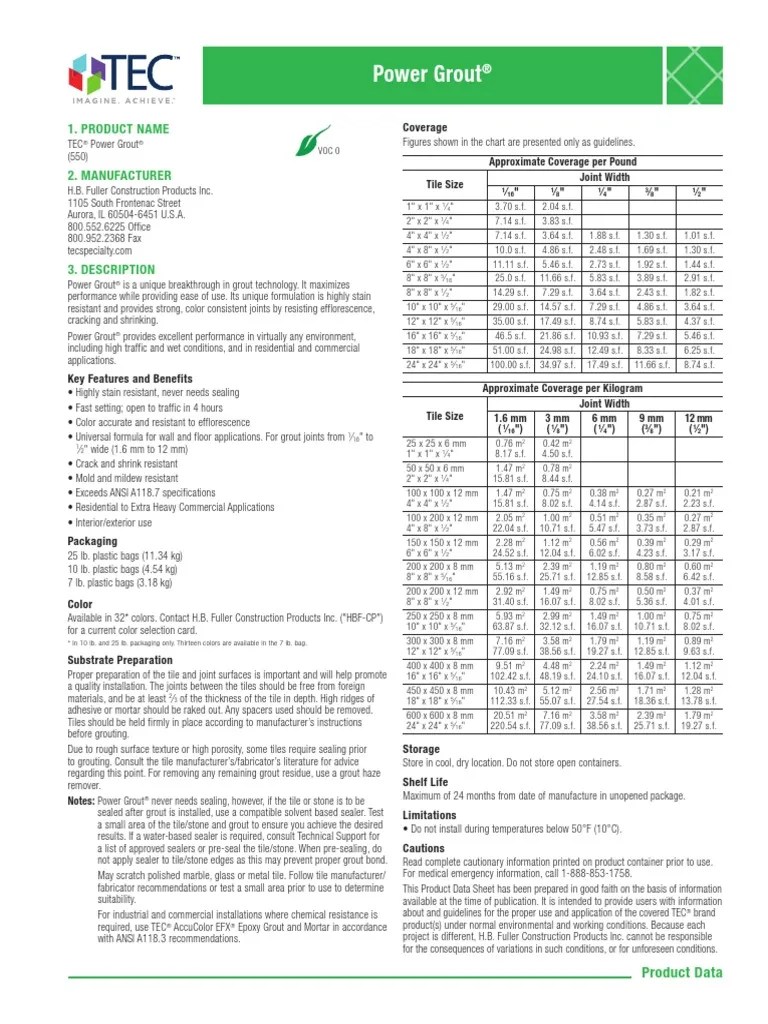 TEC_TA550_power Grout Spec Sheet Tile Adhesive