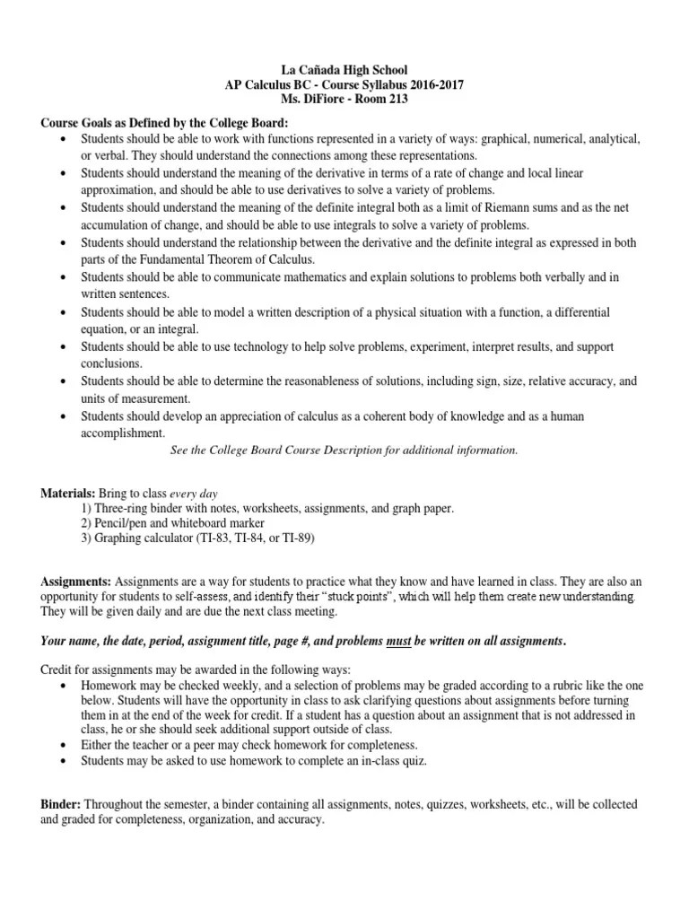 20162017 ap calculus bc syllabus Integral Physics
