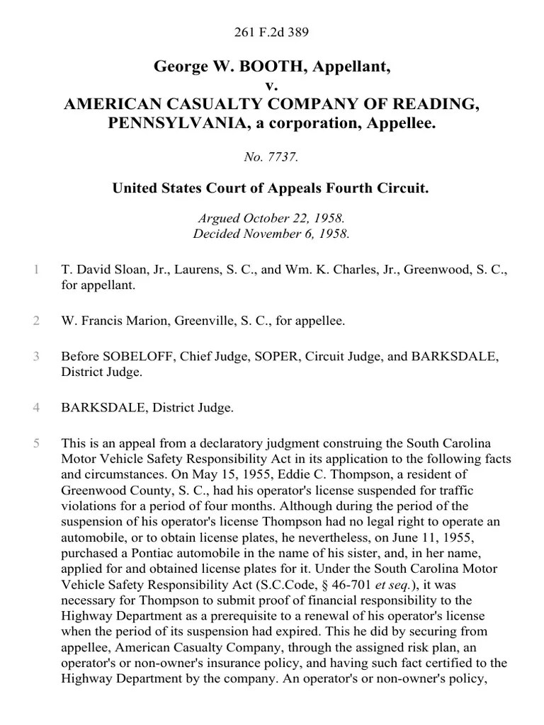 W. Booth v. American Casualty Company of Reading, Pennsylvania