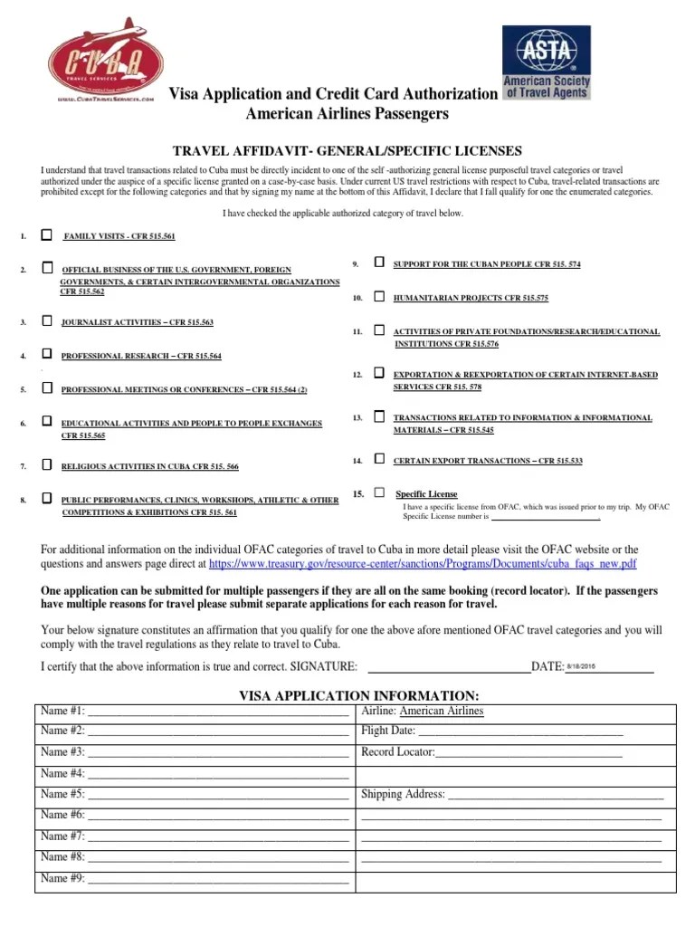 Visa Application and CC Authorization Form AA PDF