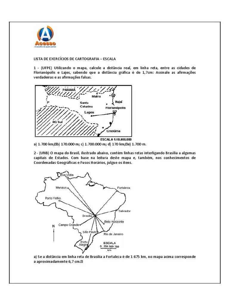 Lista de ExercÃ­cios de Cartografia Escala Mapa Geografia