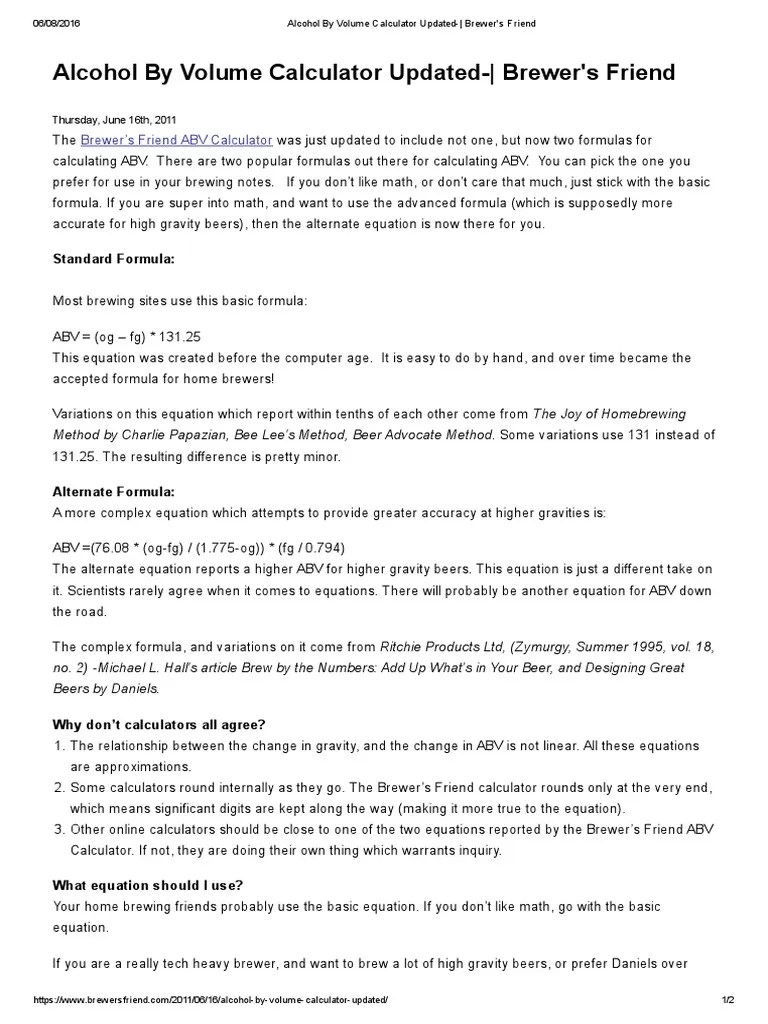 Alcohol by Volume Calculator Updated Brewer's Friend PDF Beer