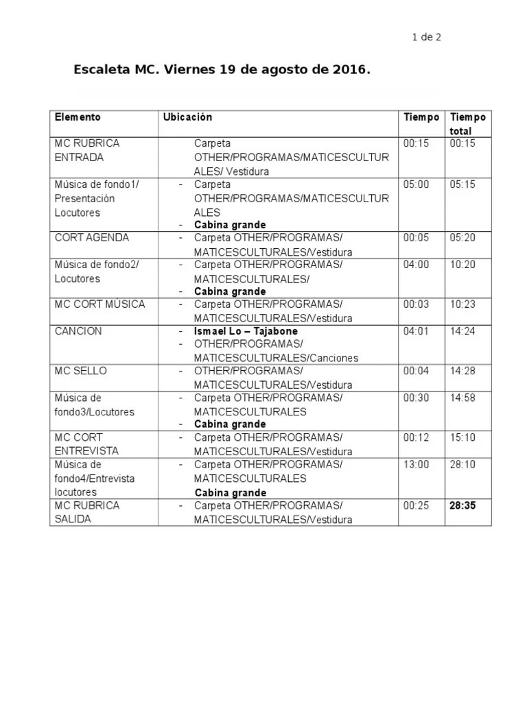 Ejemplo de Escaleta radiofónica