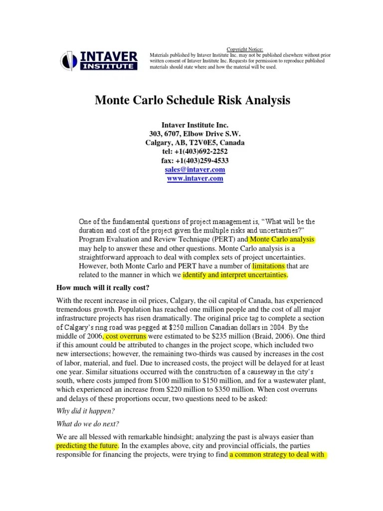 Monte Carlo Schedule Risk Analysis Monte Carlo Method Probability