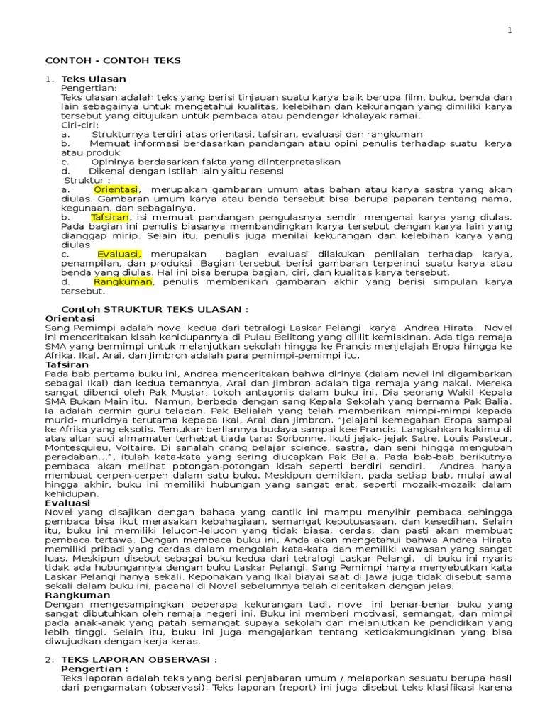 Struktur Teks Laskar Pelangi Orientasi Tafsiran Evaluasi Rangkuman