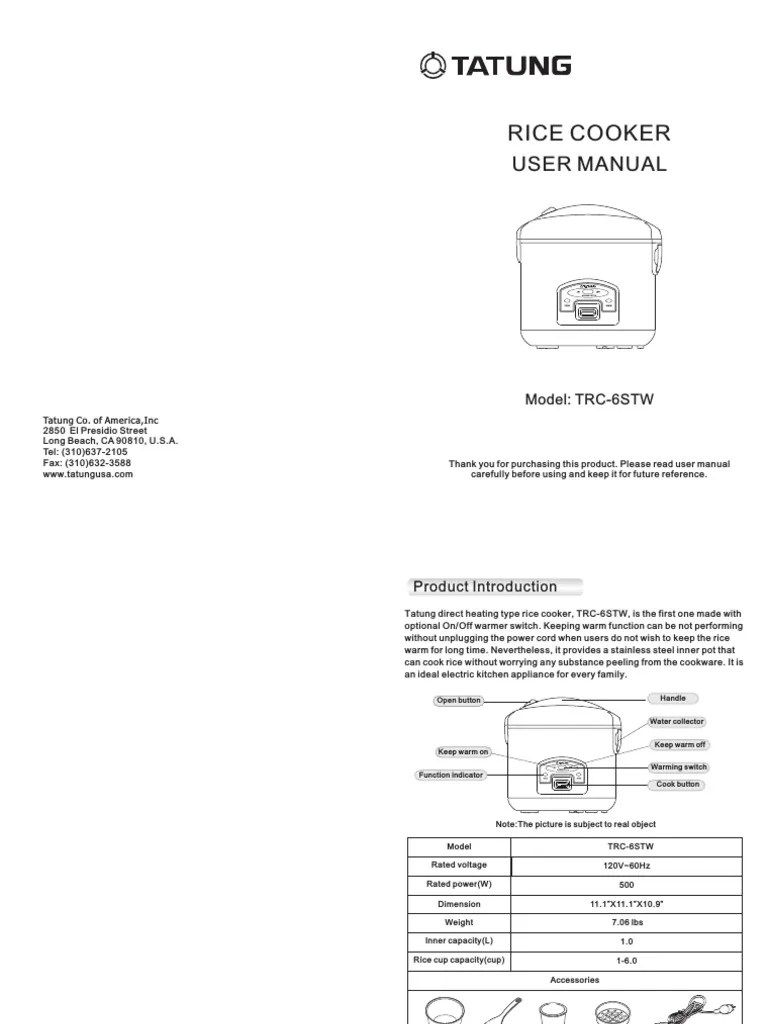 Tatung Rice Cooker Manual PDF Cookware And Bakeware Kitchen Stove