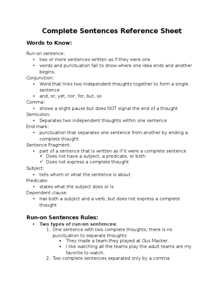 complete sentences reference sheet Sentence (Linguistics) English