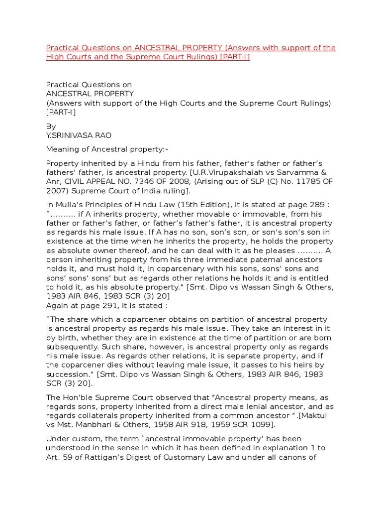Practical Questions On Ancestral Property PDF Concurrent Estate