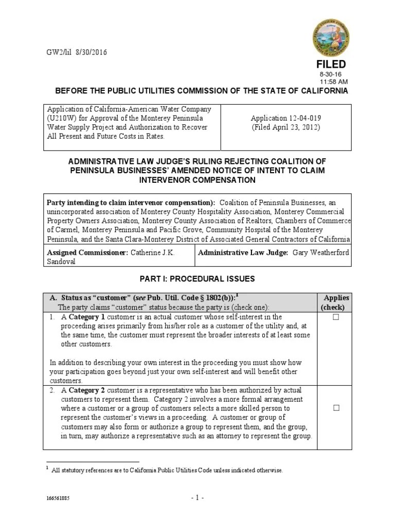 Alj's Ruling Rejecting Coalition of Peninsula Businesses’ Amended