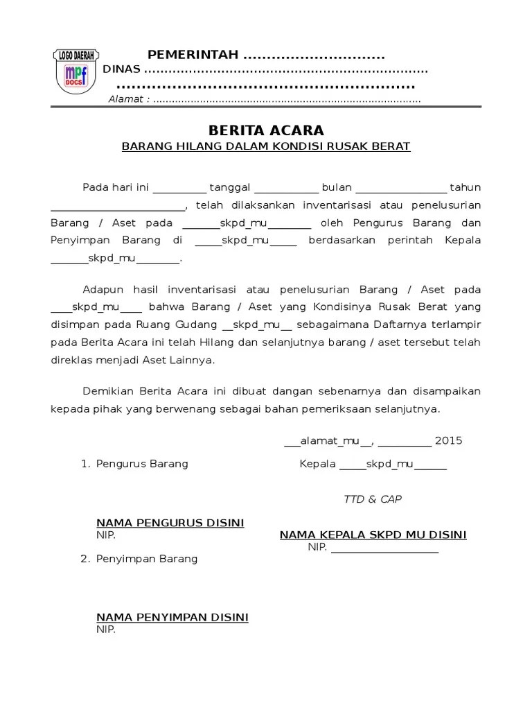 Berita Acara Barang Aset Hilang Kondisi Rusak Berat Word