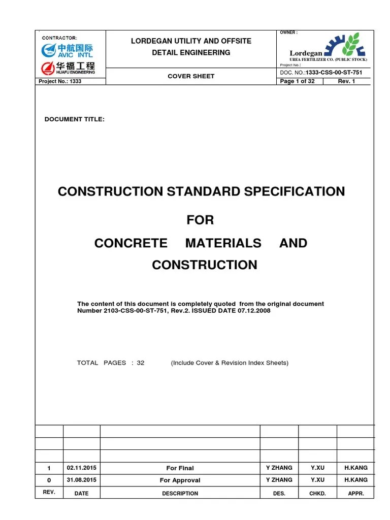 Construction Standard Specification FOR Concrete Materials AND