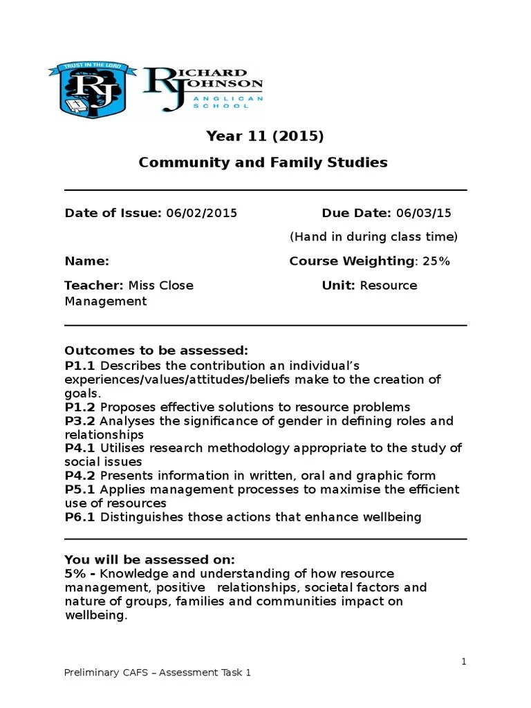Year 11 CAFS Assessment Task 1 PDF Goal Family