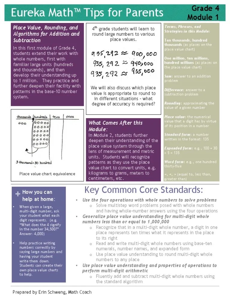 eureka math grade 4 module 1 parent tip sheet Subtraction Natural