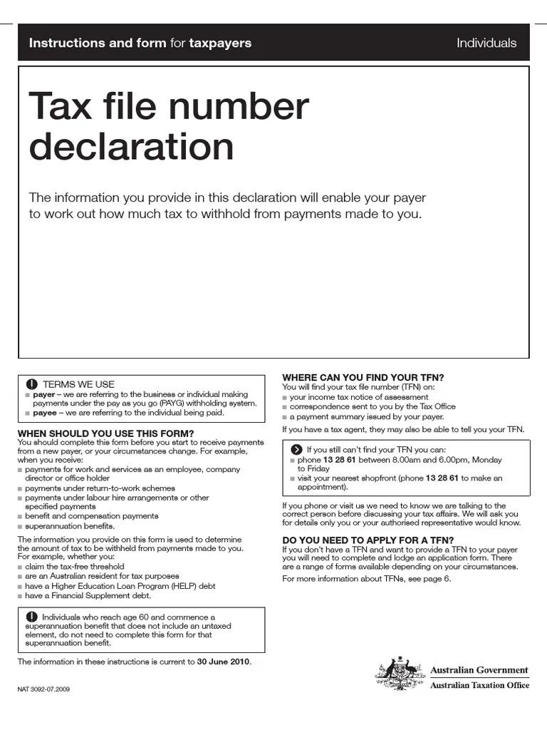 Tax File Number Declaration Withholding Tax Payments