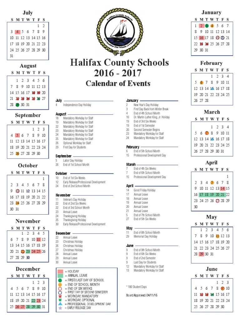 Halifax County School Calendar 201617 PDF