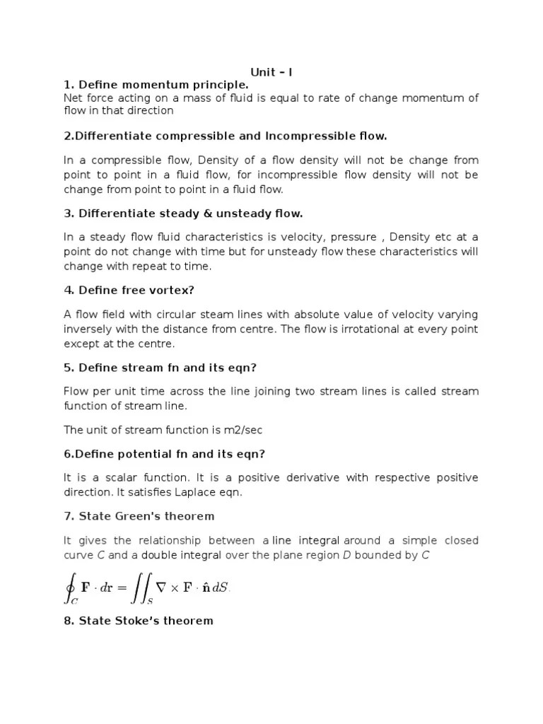 Unit I 1. Define Momentum Principle. 7. State Green's Theorem PDF