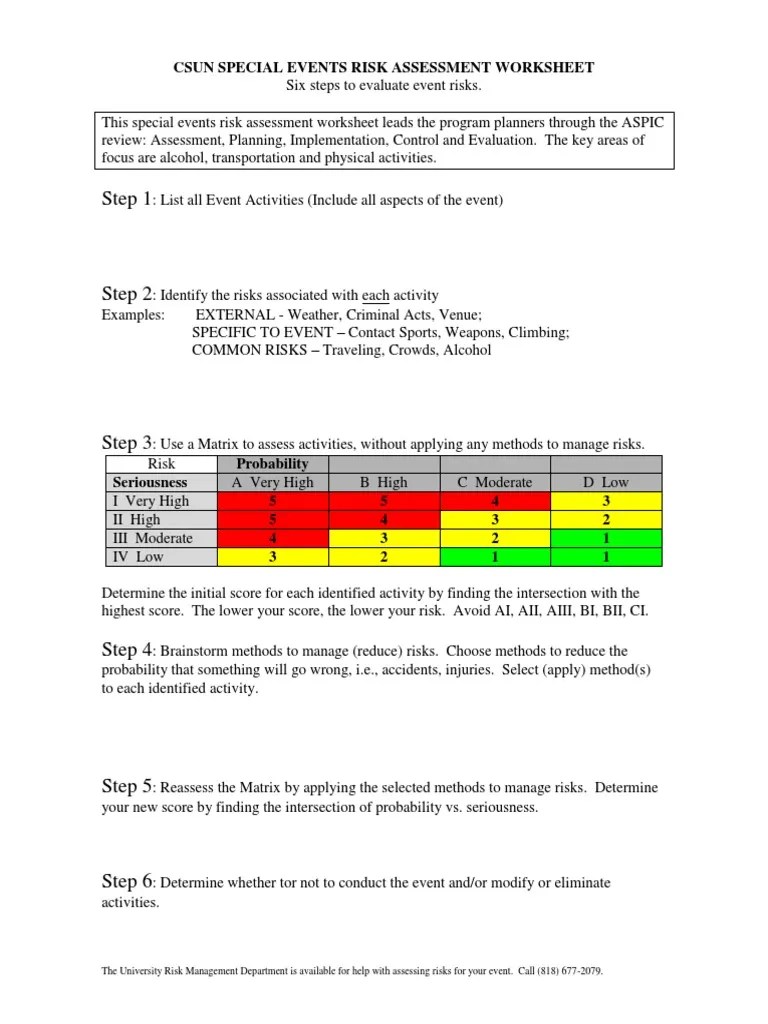Special Events Risk Assessment Worksheet | Risk Management | Risk