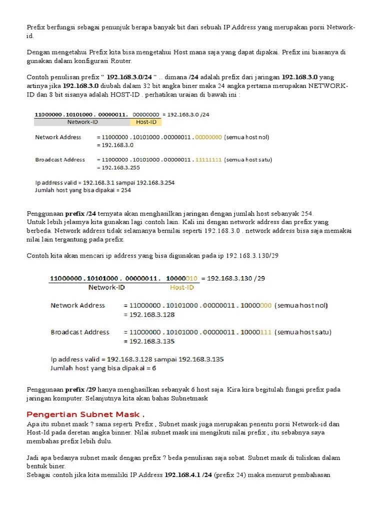 Prefix Berfungsi Sebagai Penunjuk Berapa Banyak Bit Dari Sebuah IP Address  Yang Merupakan Porsi Network | PDF