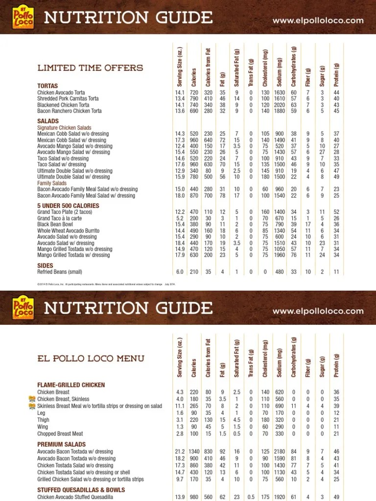 el pollo loco Web Nutrition Guide M614 Coca Cola Alimentos
