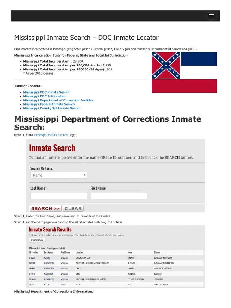 Mississippi Inmate Search Department of Corrections Lookup PDF