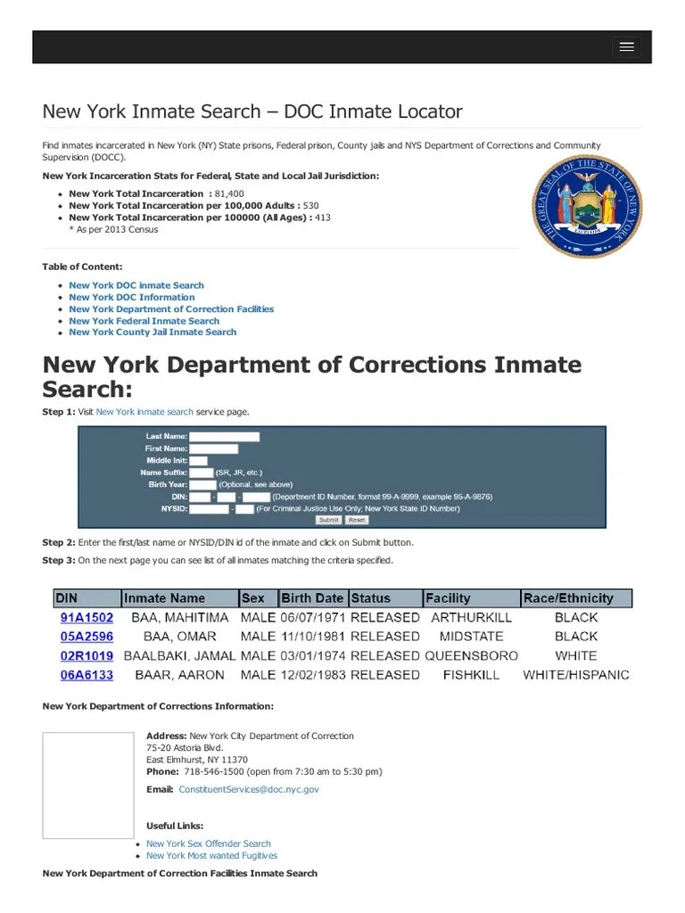 New York Inmate Search Guide Pdf Prison County United States
