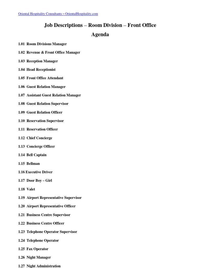Job Descriptions Room Division Front Office Cheque