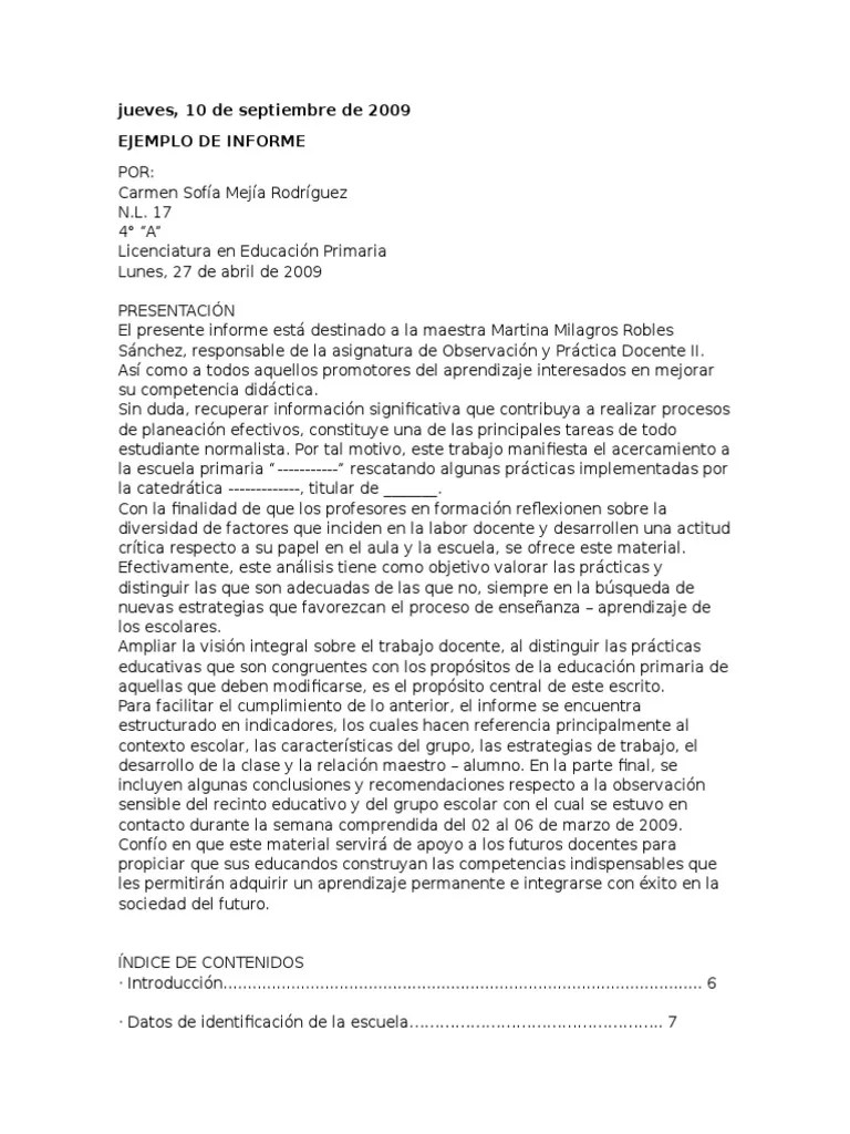 Ejemplo Informe de Observacion Educación primaria Maestros