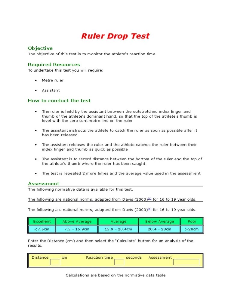 Ruler Drop Test Validity (Statistics)