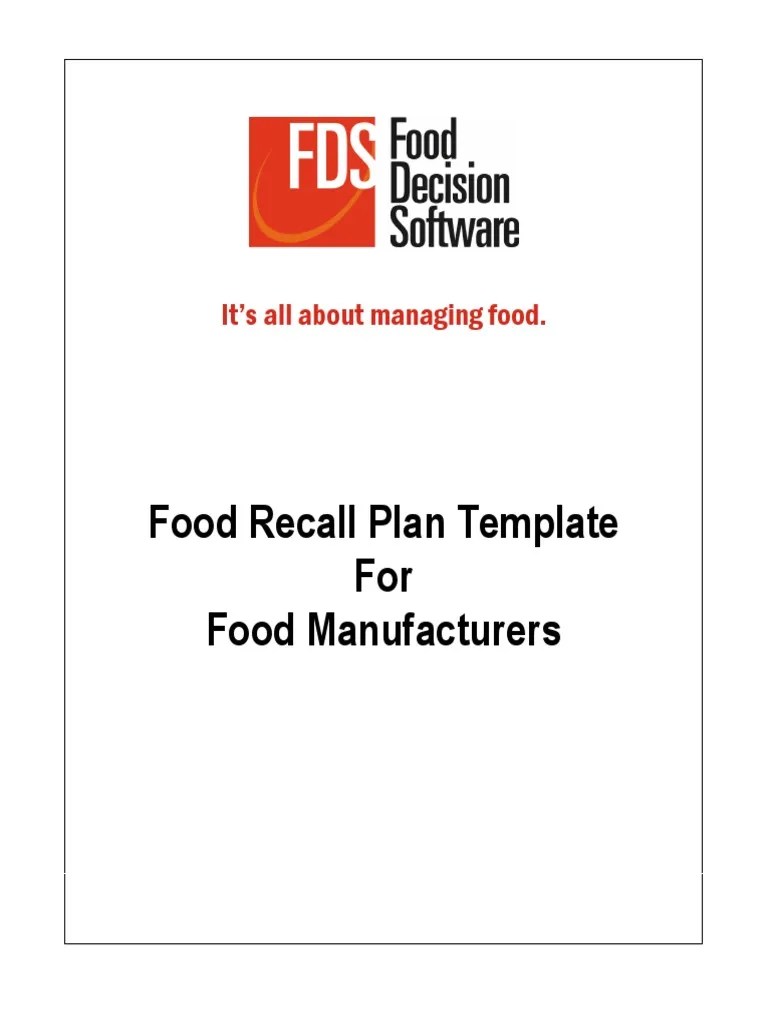 Food Recall Plan Outline For Food Manufacturers Pdf Business Foods