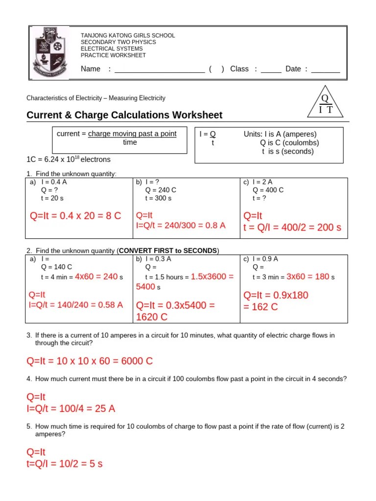 1 Current and Charge Calculations Worksheet Answers