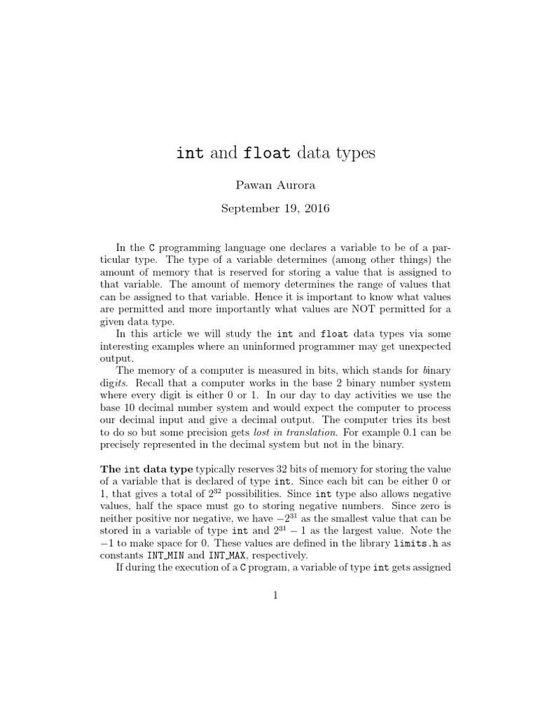 Int and Float Data Types PDF Integer Science) Data Type