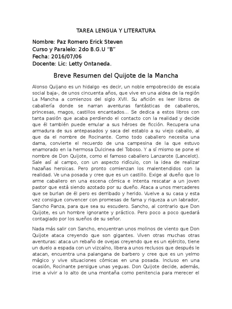 Breve Resumen del Quijote de la Mancha