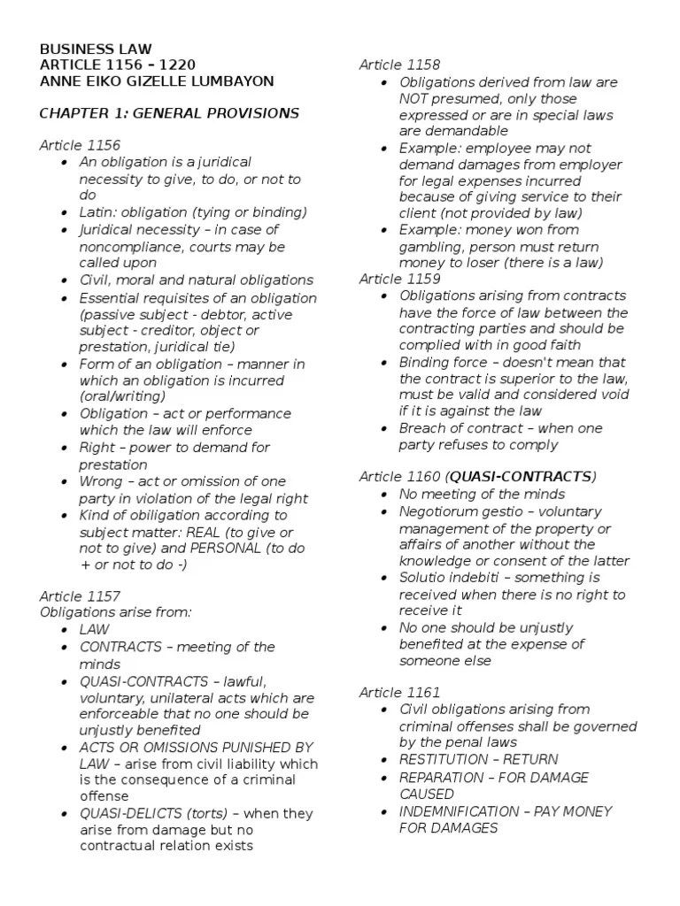 Obligations and Contracts Article 11561220 Law Of