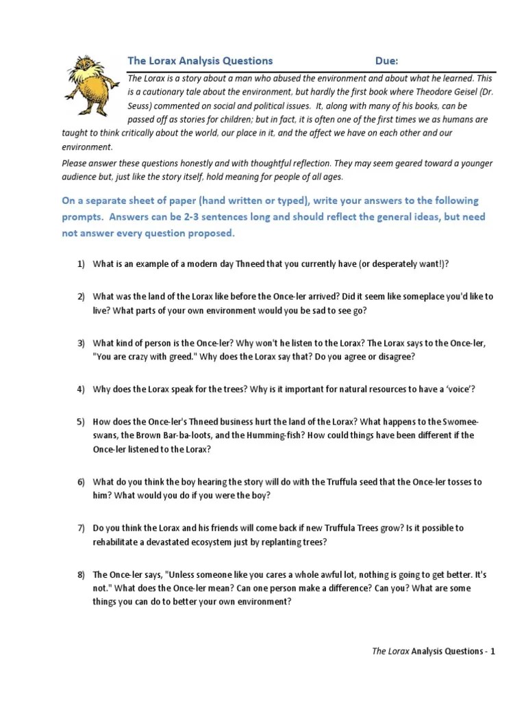 The Lorax Analysis Questions PDF Rhinoceros Value (Ethics)