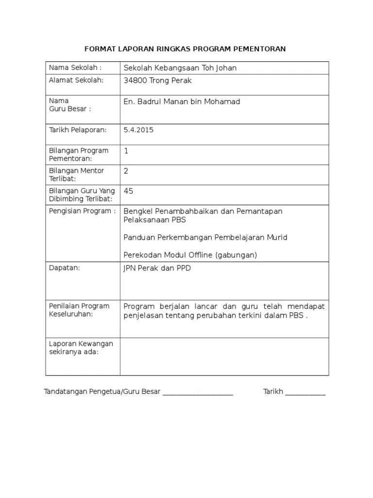 Pementoran Contoh Laporan Program Mentor Mentee