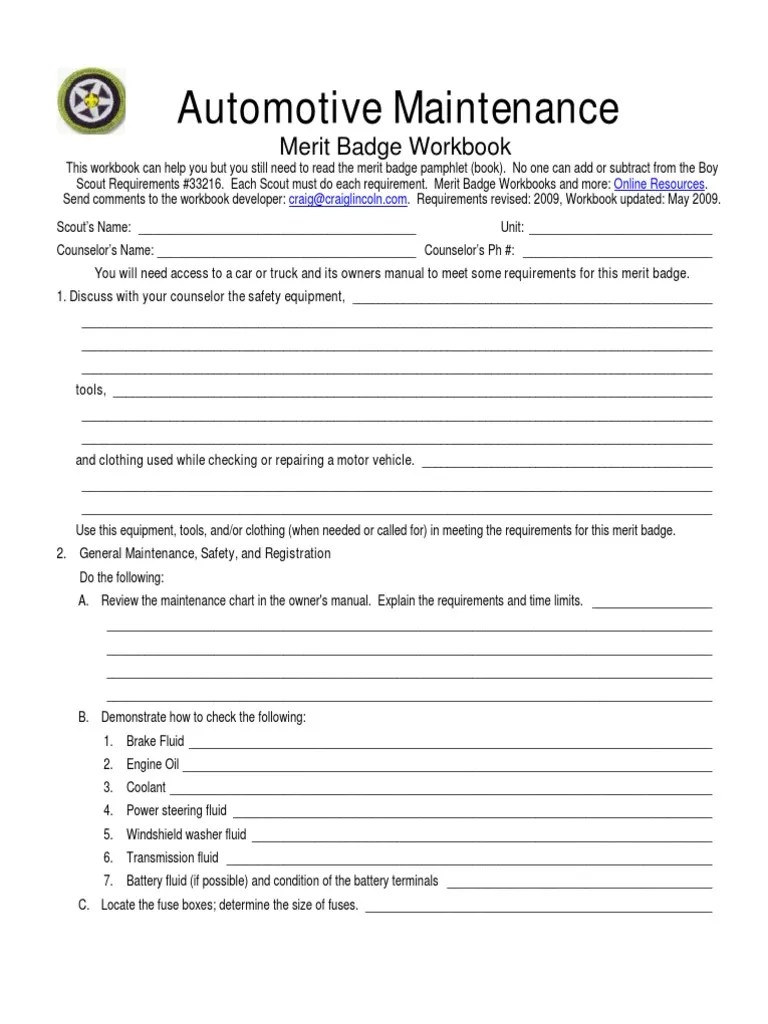 Automotive-Maintenance Merit Badge Worksheet | PDF | Internal 