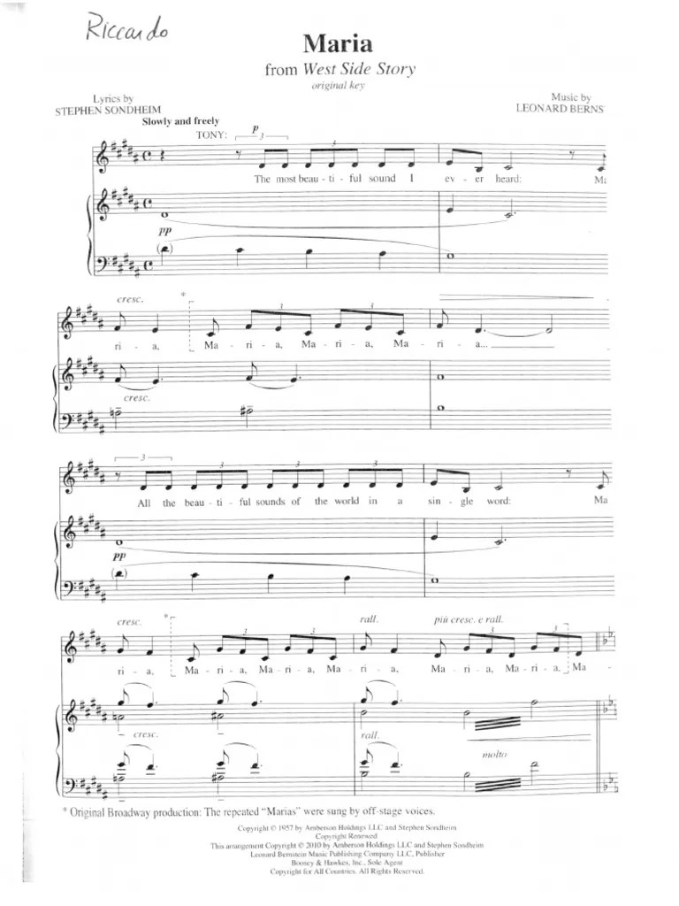 Maria (from West Side Story) Sheet Music Leonard Bernstein Piano Vocal