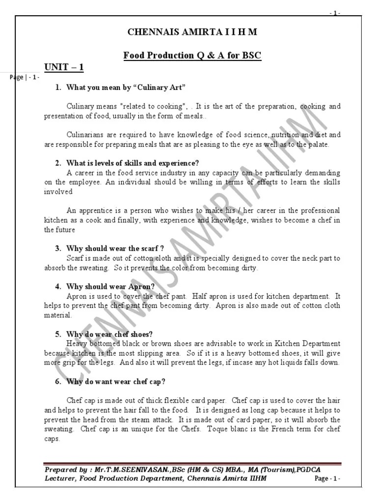 Bsc hotel management interview question and answer food production