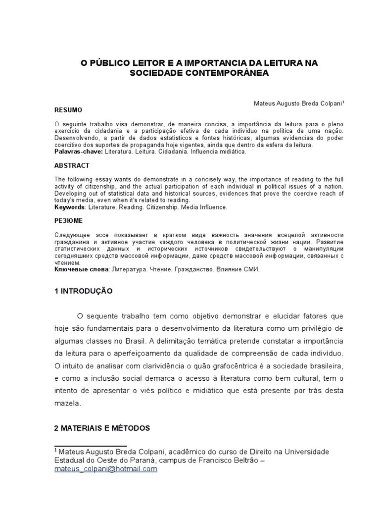 Resumo Expandido O PÚBLICO LEITOR E A IMPORTâNCIA DA LEITURA NA