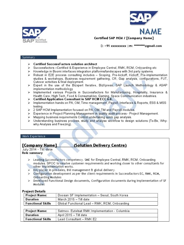 SAP SuccessFactors Sample Resume 1 Business Computing And