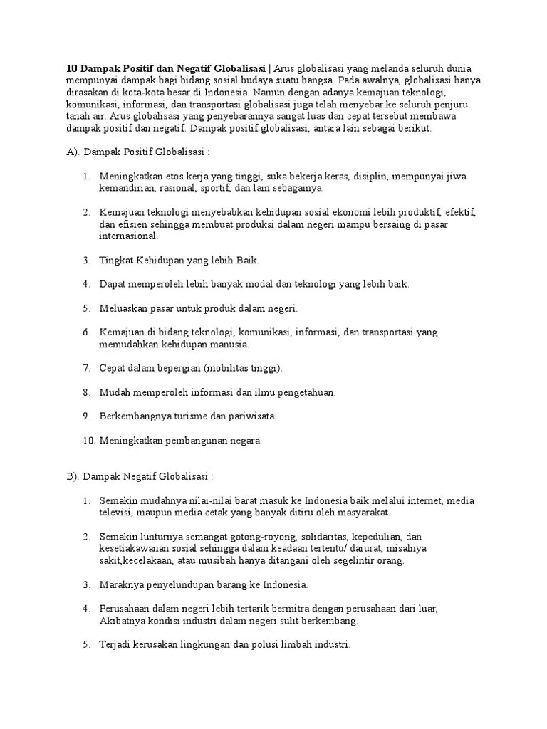 Jelaskan Dampak Positif Dan Negatif Globalisasi Bagi Kehidupan Masyarakat  Indonesia