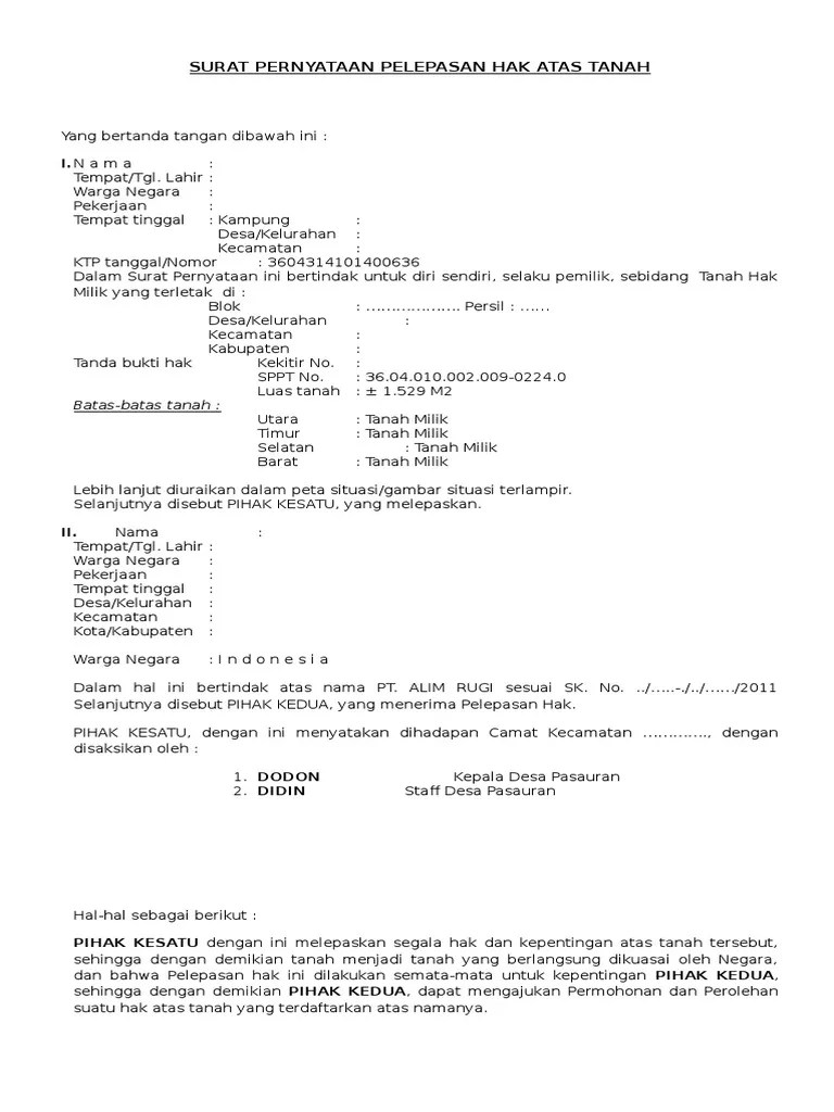 Surat Pernyataan Pelepasan Hak Atas Tanah | Pdf